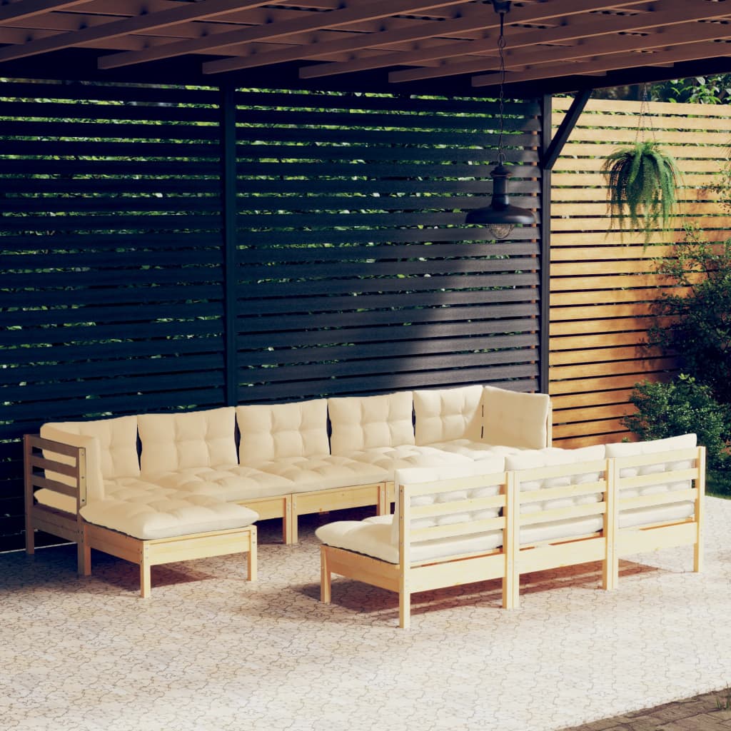 vidaXL 10-piece Garden Lounge Set with Cream Cushions Pine Wood