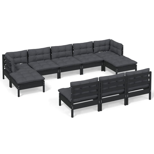vidaXL 10-Piece Garden Lounge Set with Cushions Black Pinewood