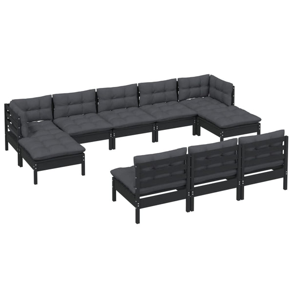 vidaXL 10-Piece Garden Lounge Set with Cushions Black Pinewood