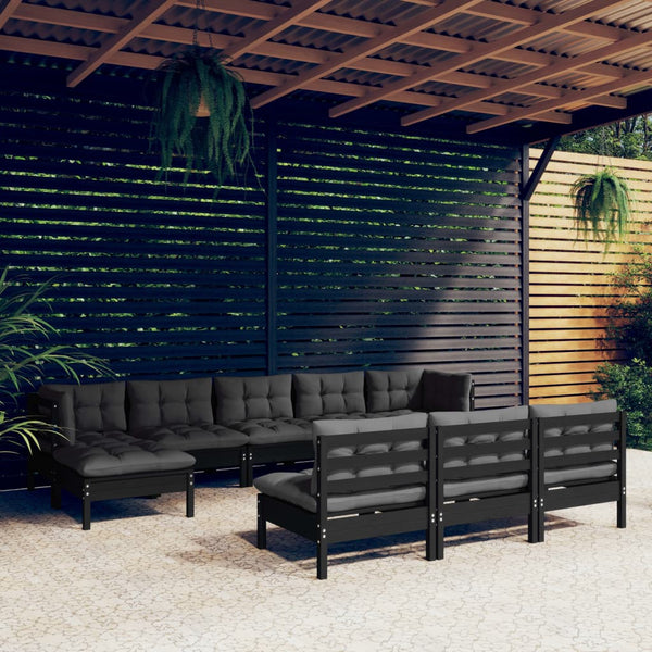 vidaXL 10-Piece Garden Lounge Set with Cushions Black Pinewood