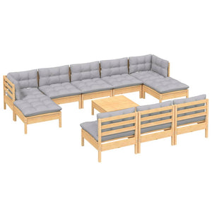 vidaXL 11-Piece Garden Lounge Set with Grey Cushions Pinewood