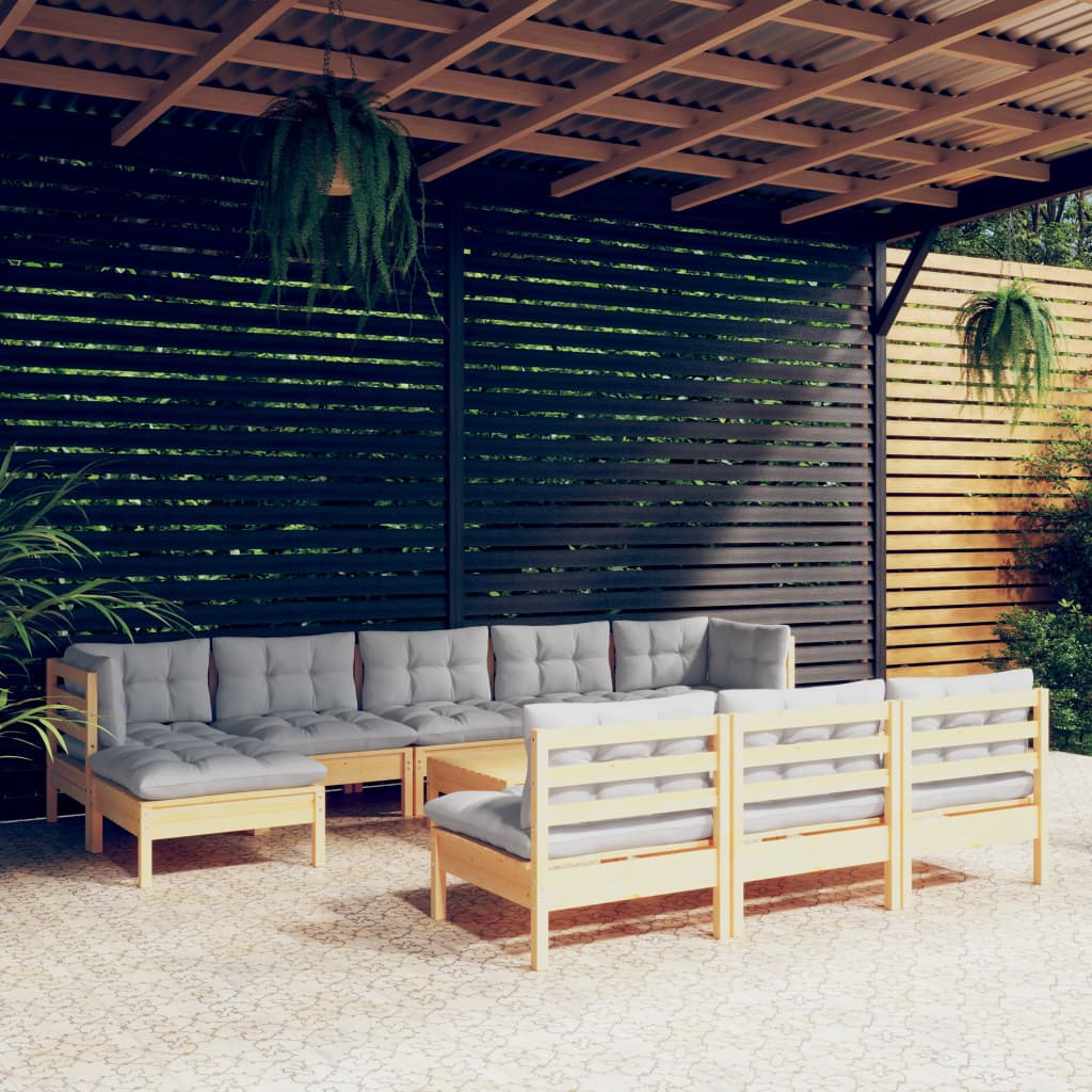 vidaXL 11-Piece Garden Lounge Set with Grey Cushions Pinewood
