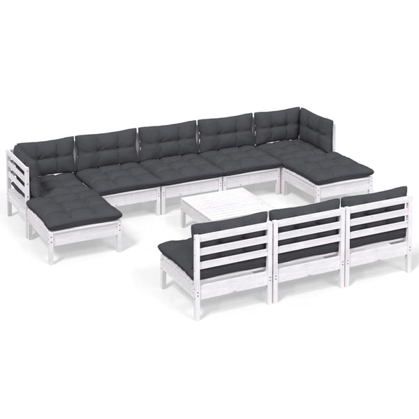 vidaXL 11-pc. Garden Lounge Set with Cushions White Pinewood