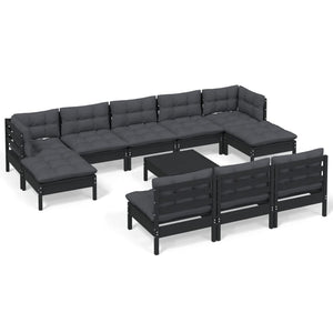 vidaXL 11-pc. Garden Lounge Set with Cushions Black Pinewood