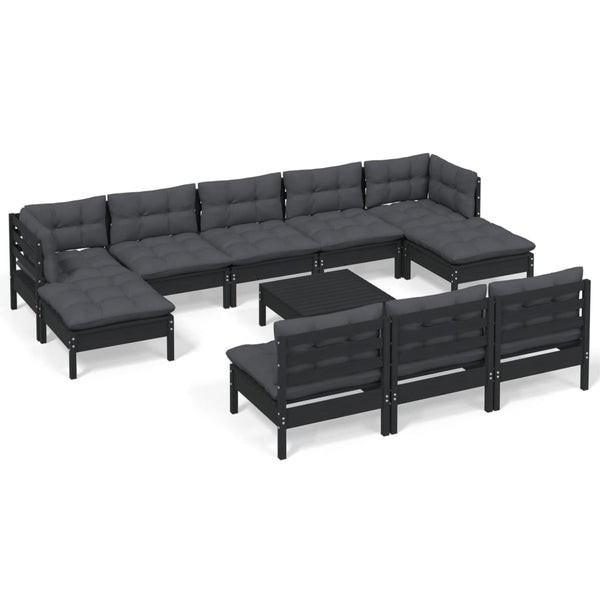 vidaXL 11-pc. Garden Lounge Set with Cushions Black Pinewood