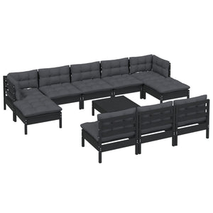 vidaXL 11-pc. Garden Lounge Set with Cushions Black Pinewood