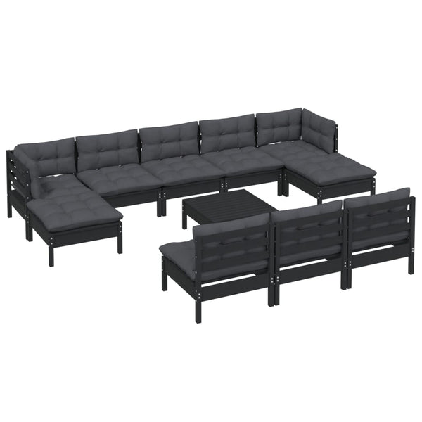 vidaXL 11-pc. Garden Lounge Set with Cushions Black Pinewood