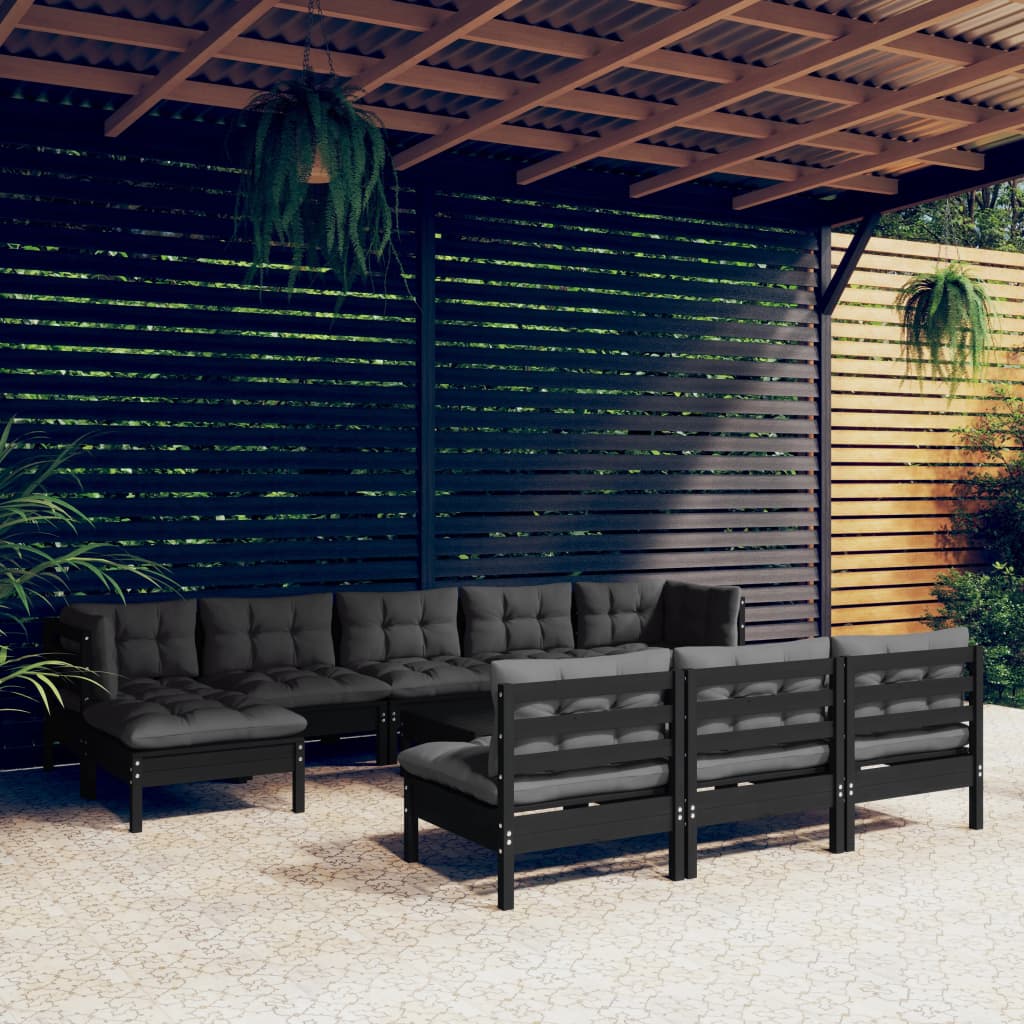 vidaXL 11-pc. Garden Lounge Set with Cushions Black Pinewood