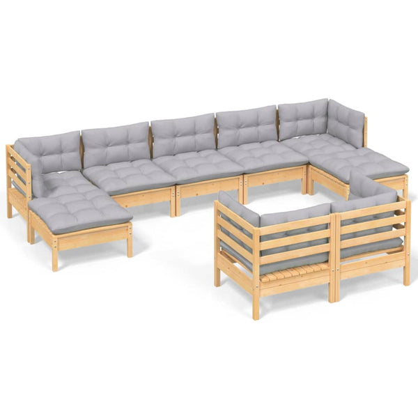 vidaXL 9-piece Garden Lounge Set with Grey Cushions Solid Pine Wood