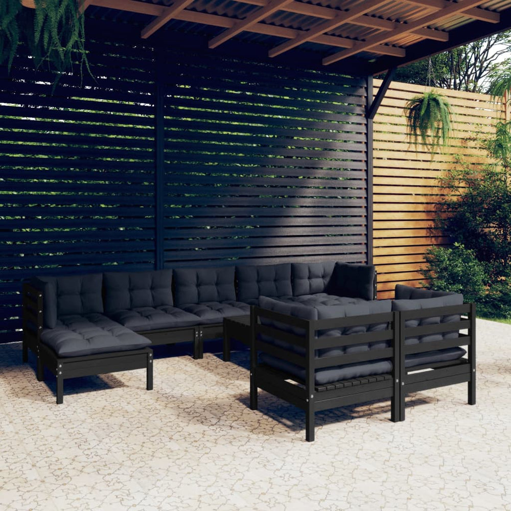 vidaXL 10-piece Garden Lounge Set with Cushions Black Solid Pine Wood