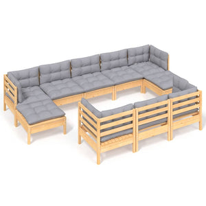 vidaXL 10-piece Garden Lounge Set with Grey Cushions Solid Pine Wood