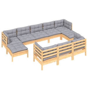 vidaXL 10-piece Garden Lounge Set with Grey Cushions Solid Pine Wood