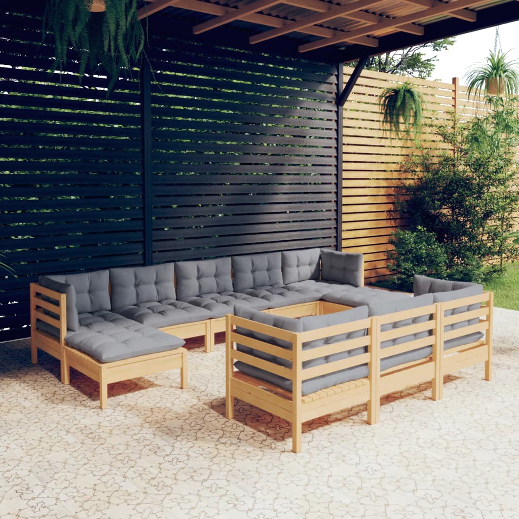 vidaXL 10-piece Garden Lounge Set with Grey Cushions Solid Pine Wood