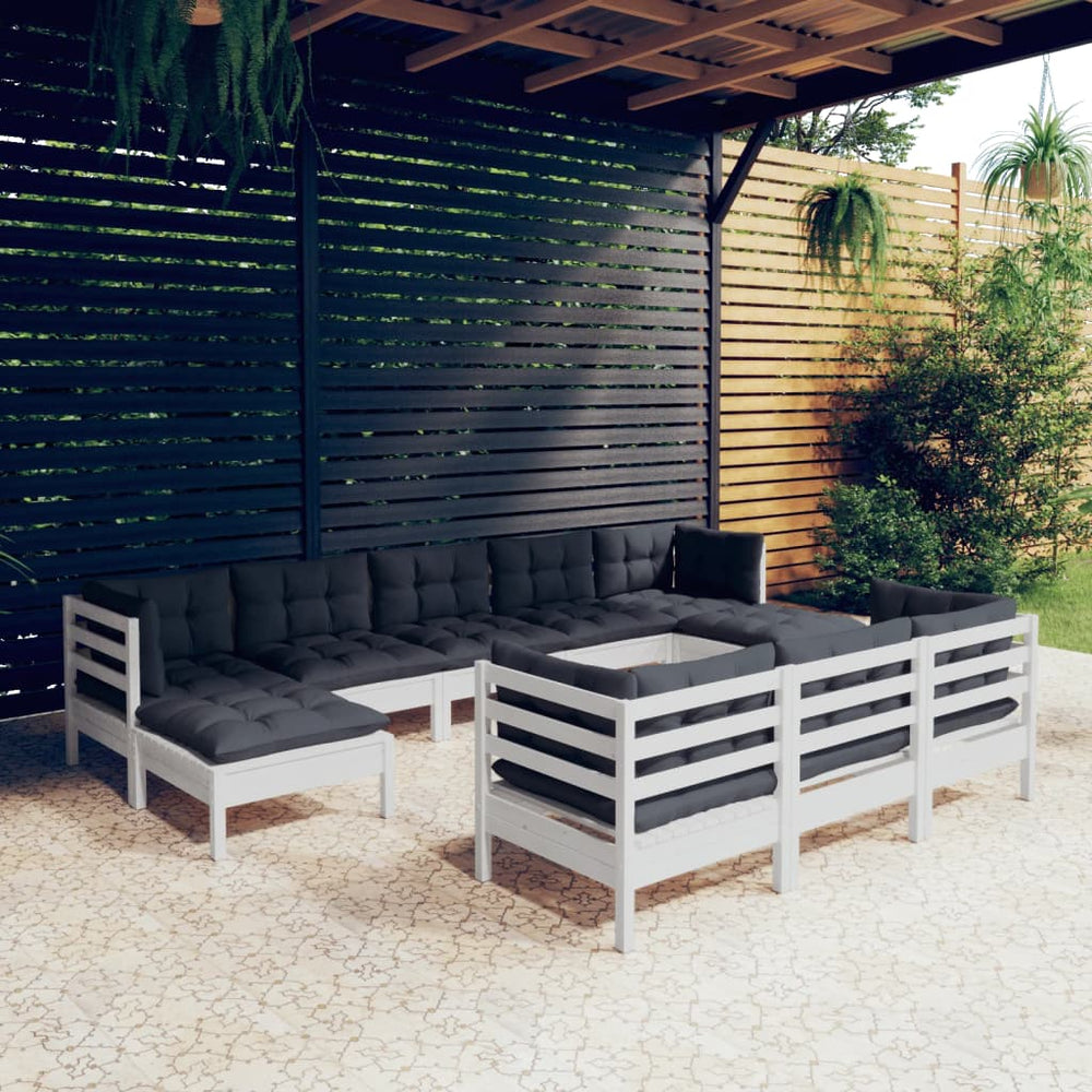 vidaXL 10-Piece Garden Lounge Set with Cushions White Solid Pine Wood