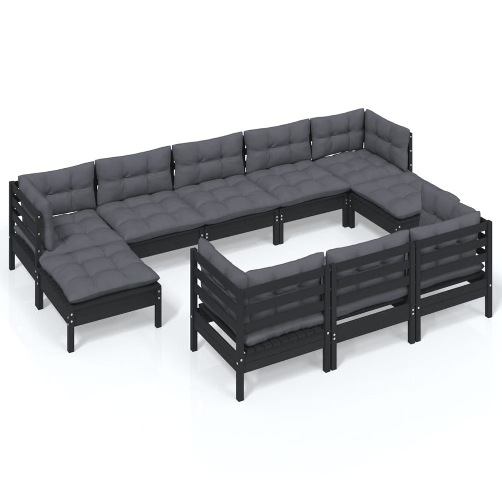 vidaXL 10-piece Garden Lounge Set with Cushions Black Solid Pine Wood