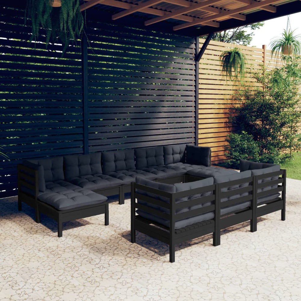 vidaXL 10-piece Garden Lounge Set with Cushions Black Solid Pine Wood