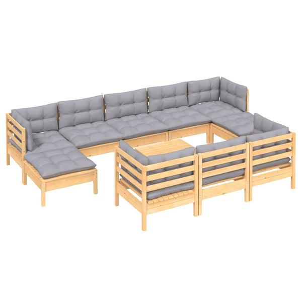 vidaXL 11-piece Garden Lounge Set with Grey Cushions Solid Pine Wood