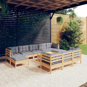 vidaXL 11-piece Garden Lounge Set with Grey Cushions Solid Pine Wood