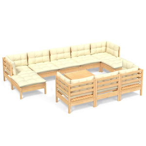 vidaXL 11-Piece Garden Lounge Set with Cream Cushions Solid Pine Wood