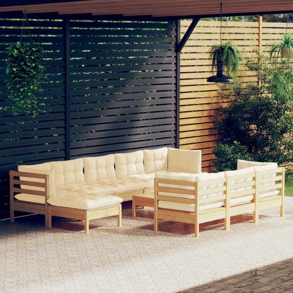 vidaXL 11-Piece Garden Lounge Set with Cream Cushions Solid Pine Wood