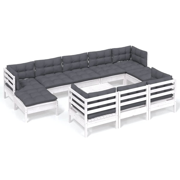 vidaXL 11-piece Garden Lounge Set with Cushions White Solid Pine Wood