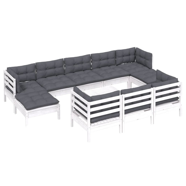 vidaXL 11-piece Garden Lounge Set with Cushions White Solid Pine Wood
