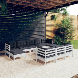vidaXL 11-piece Garden Lounge Set with Cushions White Solid Pine Wood
