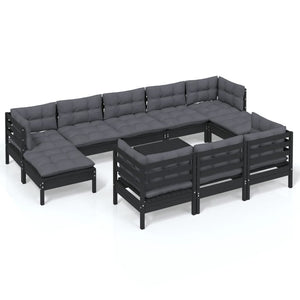 vidaXL 11-piece Garden Lounge Set with Cushions Black Solid Pine Wood