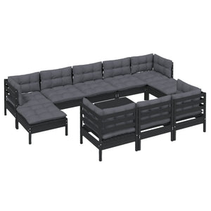 vidaXL 11-piece Garden Lounge Set with Cushions Black Solid Pine Wood