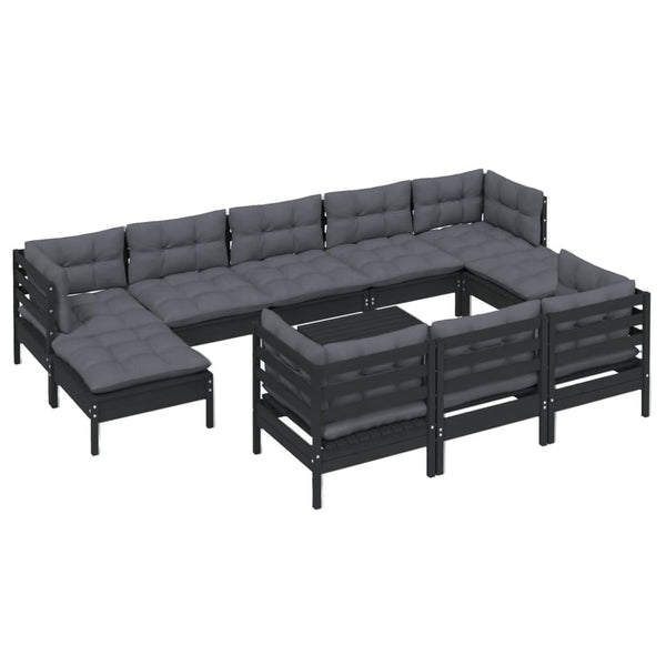 vidaXL 11-piece Garden Lounge Set with Cushions Black Solid Pine Wood