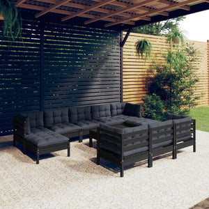 vidaXL 11-piece Garden Lounge Set with Cushions Black Solid Pine Wood
