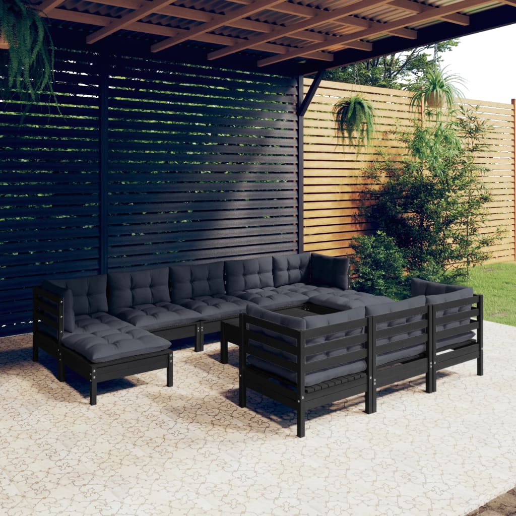 vidaXL 11-piece Garden Lounge Set with Cushions Black Solid Pine Wood