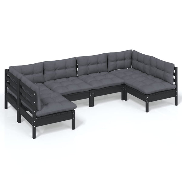 vidaXL 6-piece Garden Lounge Set with Cushions Black Solid Pinewood