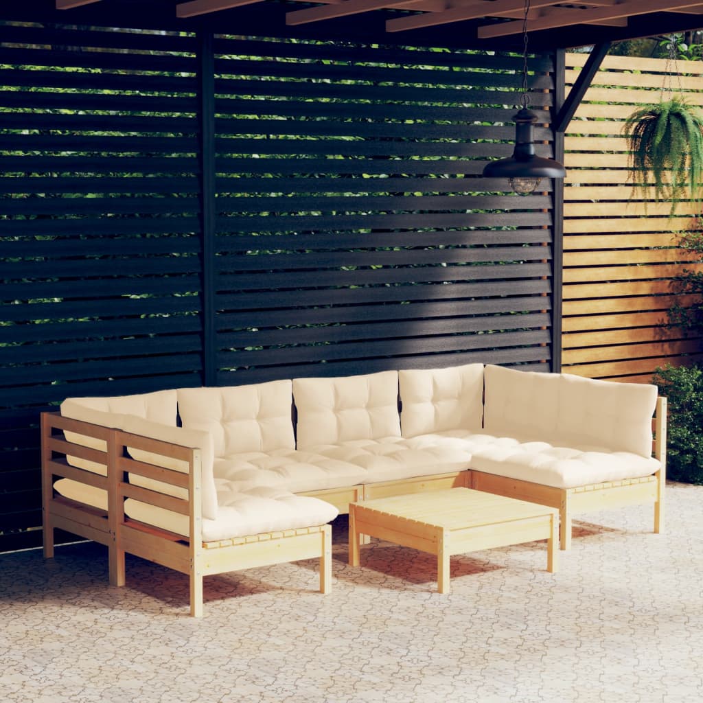 vidaXL 7-piece Garden Lounge Set with Cream Cushions Solid Pine Wood