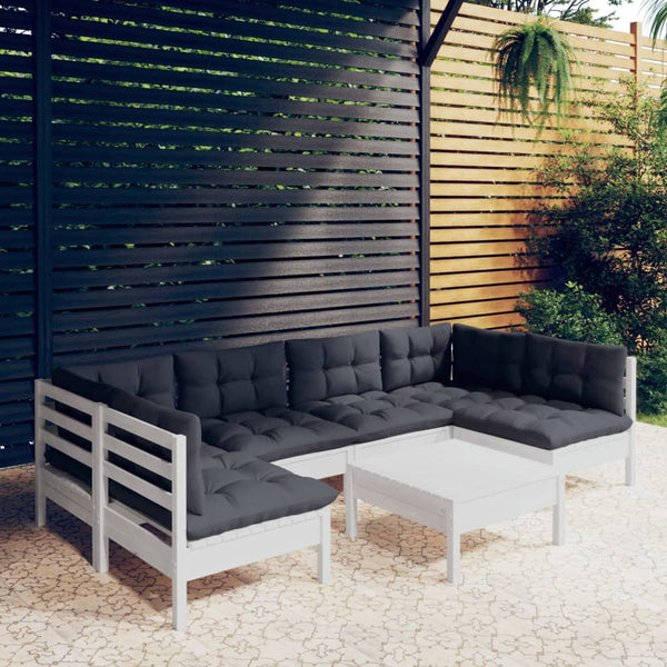 vidaXL 7-Piece Garden Lounge Set with Cushions White Solid Pine Wood