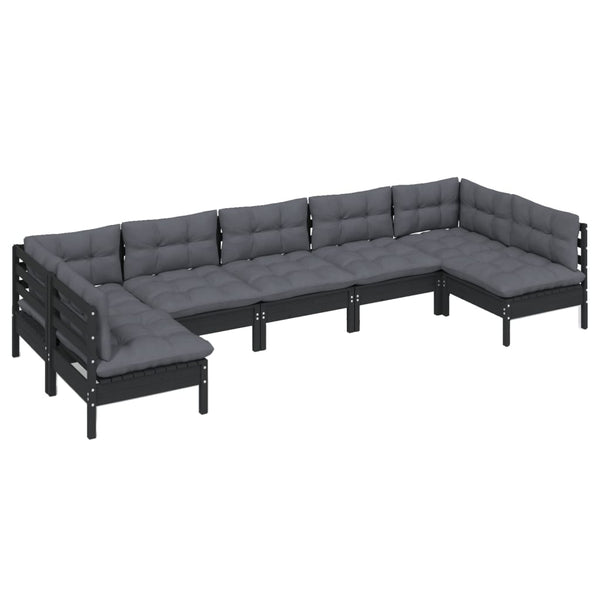 vidaXL 7-piece Garden Lounge Set with Cushions Black Solid Pine Wood