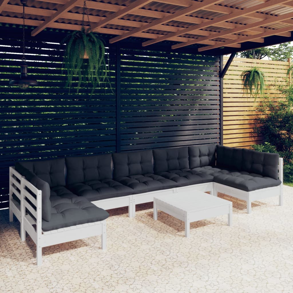 vidaXL 8-piece Garden Lounge Set with Cushions White Solid Pine Wood