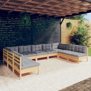 vidaXL 9-piece Garden Lounge Set with Grey Cushions Solid Pine Wood