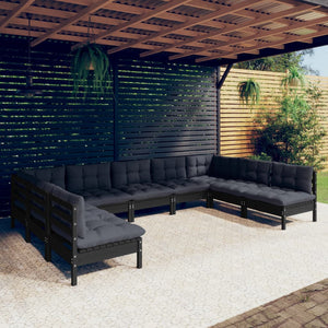 vidaXL 9-piece Garden Lounge Set with Cushions Black Solid Pine Wood