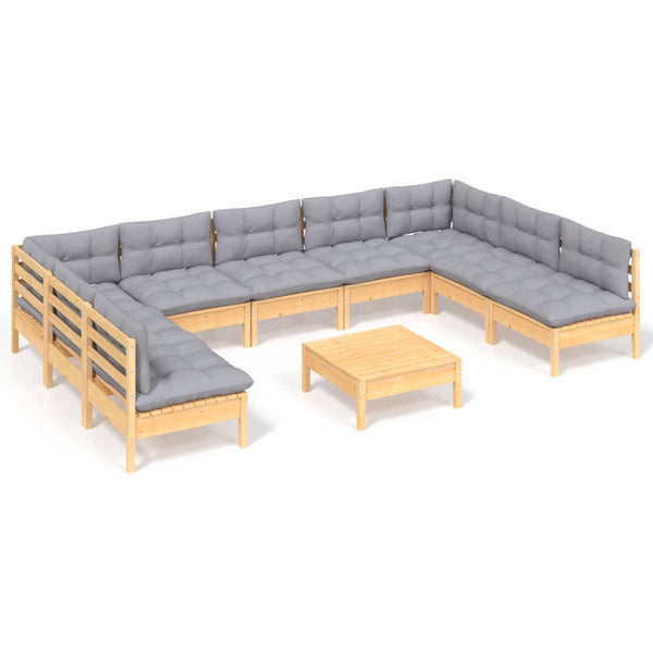 vidaXL 10-piece Garden Lounge Set with Grey Cushions Solid Pine Wood