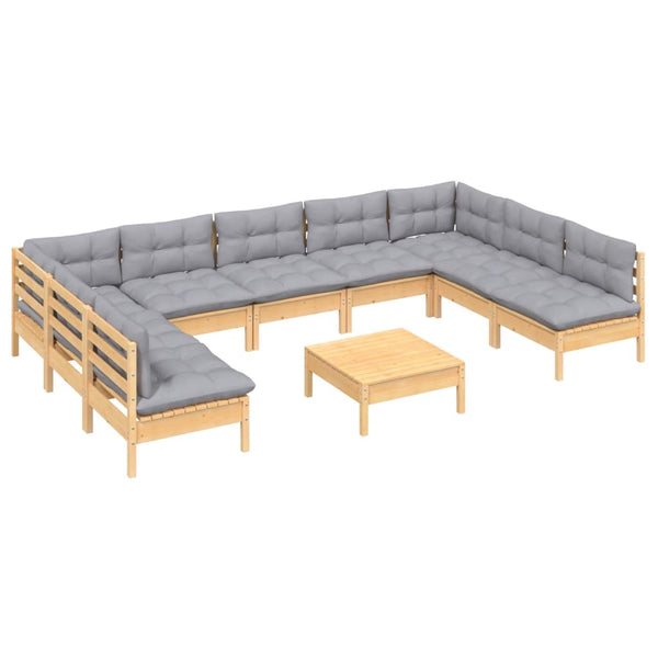 vidaXL 10-piece Garden Lounge Set with Grey Cushions Solid Pine Wood