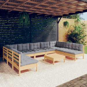 vidaXL 10-piece Garden Lounge Set with Grey Cushions Solid Pine Wood