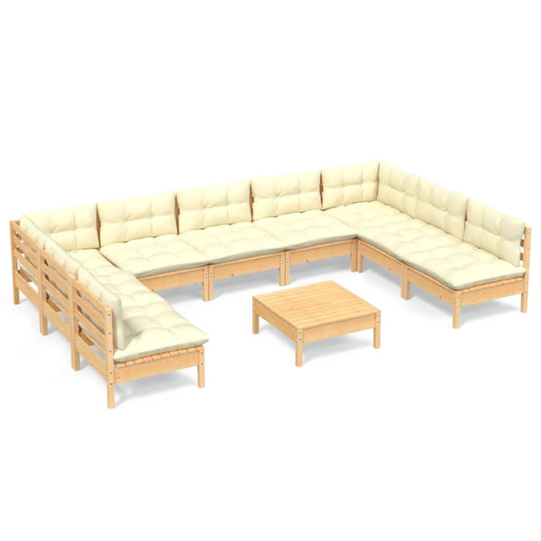 vidaXL 10-piece Garden Lounge Set with Cream Cushions Solid Pine Wood