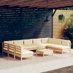 vidaXL 10-piece Garden Lounge Set with Cream Cushions Solid Pine Wood