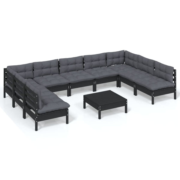 vidaXL 10-piece Garden Lounge Set with Cushions Black Solid Pine Wood