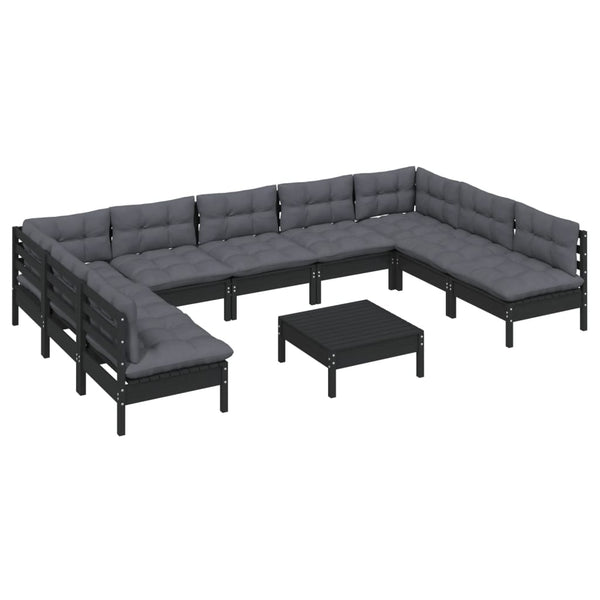 vidaXL 10-piece Garden Lounge Set with Cushions Black Solid Pine Wood