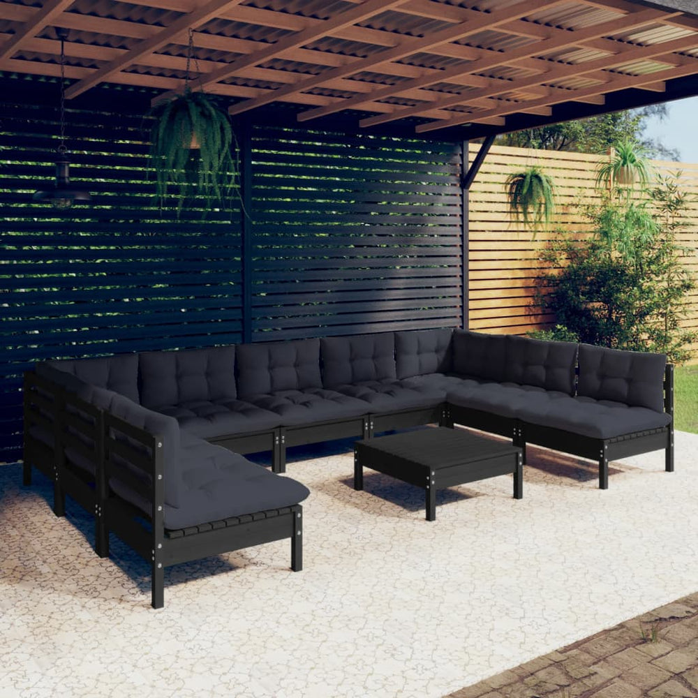 vidaXL 10-piece Garden Lounge Set with Cushions Black Solid Pine Wood