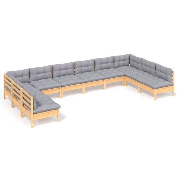 vidaXL 10-piece Garden Lounge Set with Grey Cushions Solid Pine Wood