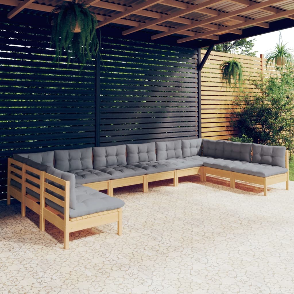 vidaXL 10-piece Garden Lounge Set with Grey Cushions Solid Pine Wood