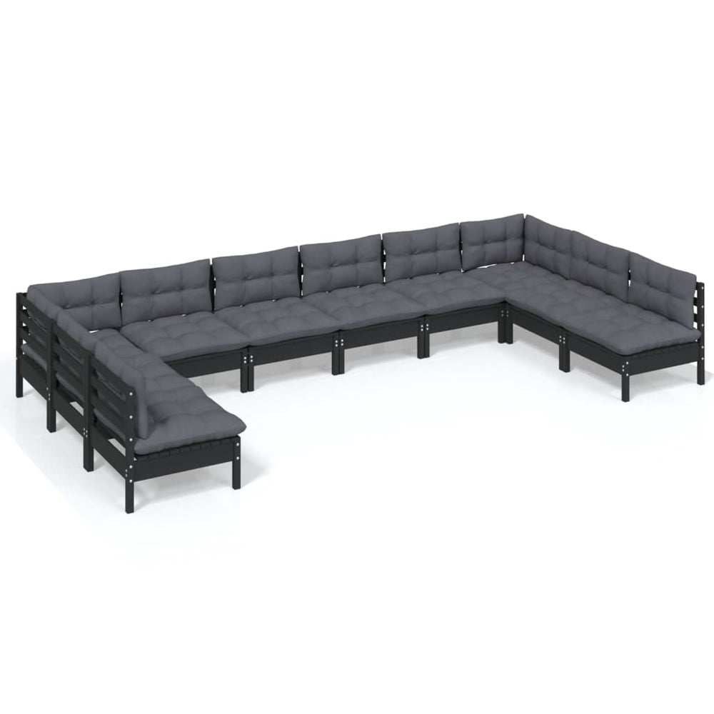 vidaXL 10-piece Garden Lounge Set with Cushions Black Solid Pine Wood